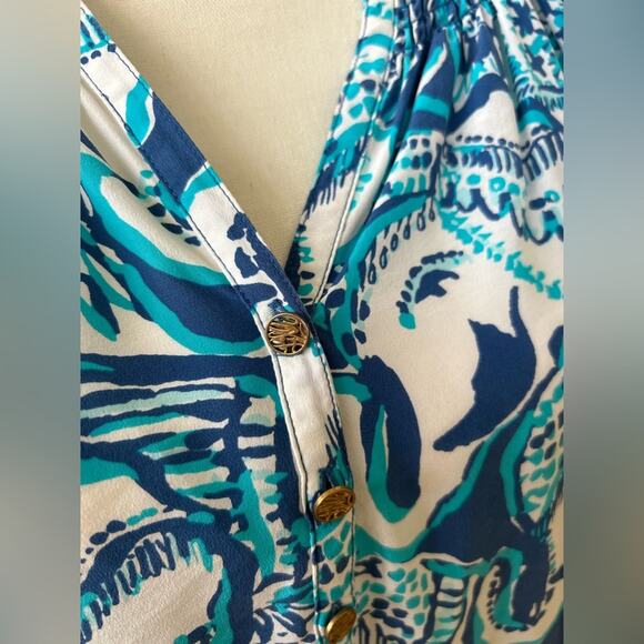Lilly Pulitzer Elsa Keep On Trunkin Blue & White Elephant Silk Blouse - Picture 2 of 8